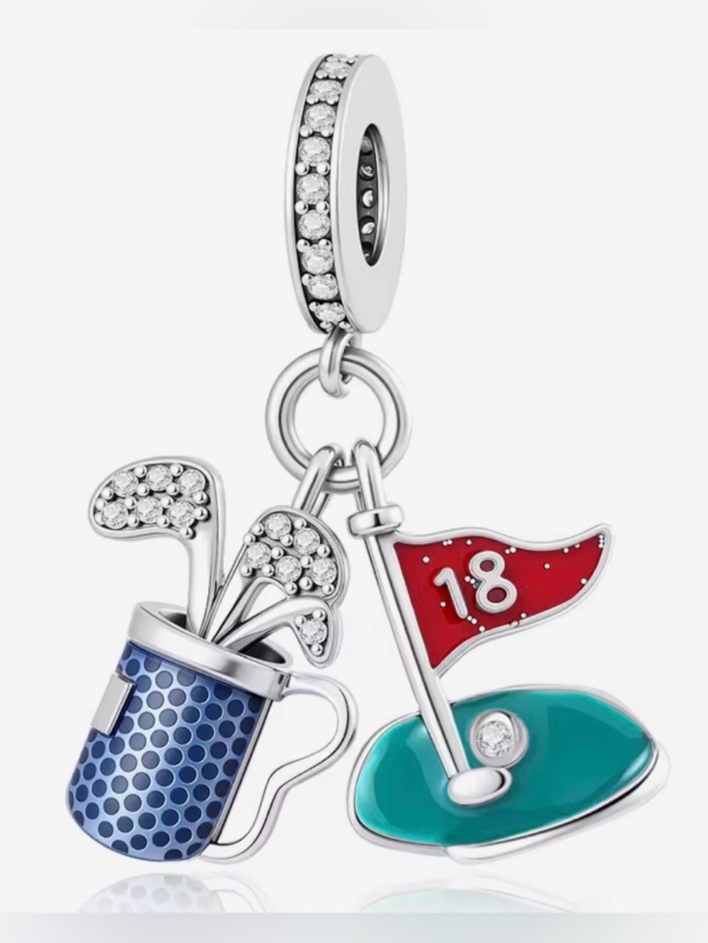 Silver, Blue, Red, & Teal Golf Bag, Golf Clubs & 18th Hole Dangle Charm